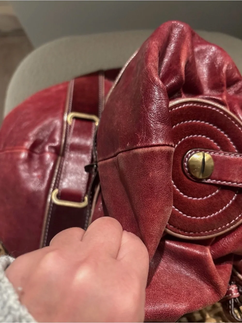 Marc Jacobs Distressed Leather Handbag in Deep Burgundy